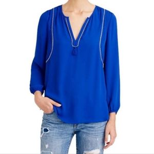 J.CREW Cobalt Blue Flowy Tassel Peasant Top Size 8